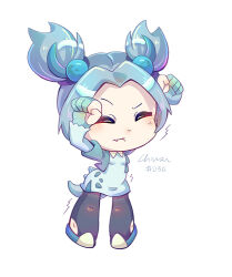 Rule 34 | 1girl, arms up, black pantyhose, blue dress, blue gloves, blue hair, blue jacket, chibi, chibi only, chiuanzhang, clenched hands, closed eyes, closed mouth, creatures (company), dress, fang, full body, game freak, gen 1 pokemon, gloves, jacket, long sleeves, nidorina, nintendo, pantyhose, personification, pokedex number, pokemon, short twintails, signature, simple background, solo, stretching, tail, twintails, white background