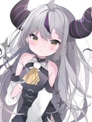 Rule 34 | 1girl, ahoge, ascot, black horns, braid, braided bangs, grey hair, highres, hololive, horns, la+ darknesss, la+ darknesss (1st costume), long hair, multicolored hair, nocchi (r ws2l), pointy ears, pout, purple hair, streaked hair, striped horns, virtual youtuber, yellow ascot, yellow eyes
