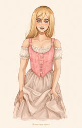 1girl absurdres blonde_hair blue_eyes blush corset dosmerengues dress frilled_dress frilled_sleeves frills hair_between_eyes highres krista_lenz long_dress long_hair looking_at_viewer open_mouth pink_corset shingeki_no_kyojin short_sleeves simple_background smile solo tooth_gap white_background white_dress