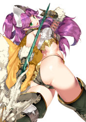 Rule 34 | 1girl, angela (seiken densetsu 3), armor, ass, beiwushide lr, bikini, bikini armor, boots, breastplate, breasts, cape, feather trim, fur trim, gloves, green eyes, haruken (pixiv 148902), helmet, holding, holding polearm, holding spear, holding weapon, long hair, looking at viewer, magus (seiken densetsu 3), medium breasts, open mouth, pointy ears, polearm, purple hair, saburou (hgmg), seiken densetsu, seiken densetsu 3, shiny clothes, shiny skin, sidelocks, simple background, smile, solo, spear, square enix, standing, swimsuit, teeth, thigh boots, thighhighs, thighs, tongue, upper teeth only, weapon, white background