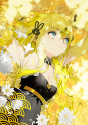 Rule 34 | 1girl, belt, black dress, blonde hair, blue eyes, breasts, cleavage, closed mouth, dress, field, flower, flower field, hair ornament, hairclip, hands up, highres, long hair, long sleeves, lying, on back, original, ryota-h, shikigami, small breasts, smile, solo, white flower, yellow belt, yellow theme