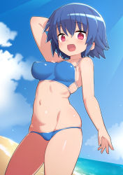 Rule 34 | 1girl, :d, arm at side, arm behind back, arm behind head, arm up, bare arms, beach, belly, bikini, blue bikini, blue hair, blue sky, breasts, cloud, cloudy sky, contrapposto, covered erect nipples, cowboy shot, day, hair between eyes, impossible clothes, large breasts, light blush, looking at viewer, midriff, navel, open mouth, original, outdoors, pink eyes, short hair, skin tight, sky, smile, solo, standing, stroma, swimsuit, thighs