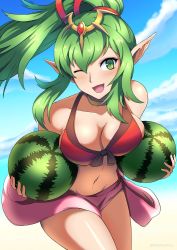 Rule 34 | 1girl, ;d, aged up, artist name, beach, bikini, blue sky, blush, breasts, choker, circlet, cleavage, cloud, collarbone, commentary, corrupted metadata, cowboy shot, day, english commentary, female focus, fire emblem, food, front-tie bikini top, front-tie top, fruit, green eyes, green hair, hair ornament, high ponytail, holding, holding food, holding fruit, large breasts, long hair, looking at viewer, matching hair/eyes, midriff, navel, nintendo, one eye closed, ootani ikue, open mouth, outdoors, phiphi-au-thon, pointy ears, ponytail, project x zone 2, red bikini, sidelocks, sky, smile, solo, swimsuit, tiara, tiki (adult) (fire emblem), tiki (adult) (summer) (fire emblem), tiki (fire emblem), twitter username, two-tone bikini, watermelon, wink
