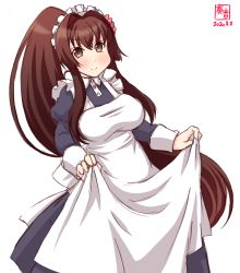 Rule 34 | 1girl, alternate costume, apron, apron hold, artist logo, black dress, brown hair, cherry blossoms, commentary request, cowboy shot, dated, dress, enmaided, flower, frilled apron, frills, hair flower, hair ornament, highres, kanon (kurogane knights), kantai collection, long hair, looking at viewer, maid, maid apron, maid headdress, ponytail, simple background, smile, solo, white apron, white background, yamato (kancolle)