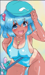 Rule 34 | 1girl, bag, between breasts, blue eyes, blue hair, breasts, cleavage, cowboy shot, dark-skinned female, dark skin, dildo, hair bobbles, hair ornament, hat, jewelry, kawashiro nitori, kiyama satoshi, large breasts, looking at viewer, matching hair/eyes, necklace, open mouth, pendant, sex toy, smile, solo, sweat, swimsuit, tan, tanline, touhou, twintails, two side up