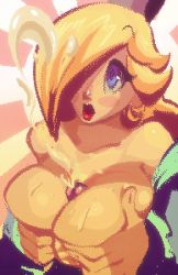 Rule 34 | 1girl, blonde hair, blue eyes, breasts squeezed together, breasts, crown, cum, cum on body, cum on breasts, cum on upper body, ejaculation, hair over one eye, large breasts, long hair, mario (series), nintendo, open mouth, paizuri, penis, riendonut, rosalina, super mario galaxy, uncensored