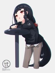 Rule 34 | 1girl, black hair, black sweater, blush, brown pants, commentary request, cropped legs, crossed arms, grey background, highres, kuro kosyou, long hair, long sleeves, looking away, low-tied long hair, original, pants, parted lips, red eyes, scales, shirt, short eyebrows, simple background, snake tail, solo, sweater, table, tail, thick eyebrows, very long hair, white shirt