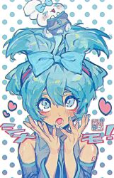 Rule 34 | &gt; &lt;, 1girl, :3, :o, animal, animal on head, artist logo, babibu baby, blue bow, blue eyes, blue hair, blue nails, blush, bow, cinnamiku hairstyle, cinnamoroll, clothed animal, collared shirt, commentary request, detached sleeves, folded twintails, grey shirt, hair bow, hands up, hatsune miku, heart, highres, looking up, on head, polka dot, polka dot background, rabbit, sanrio, shirt, shoulder tattoo, sleeveless, sleeveless shirt, tattoo, translation request, upper body, vocaloid, white background