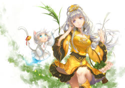Rule 34 | 1girl, absurdres, animal ears, animal hands, boots, cat ears, cat paws, cat tail, character request, chinese clothes, ching nu yu hun, dress, hair ornament, hair rings, highres, huazha01, long hair, official art, open mouth, original, purple eyes, silver hair, smile, tail