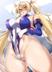 Rule 34 | 1girl, ahoge, ass, blonde hair, blue eyes, blush, bradamante (fate), bradamante (first ascension) (fate), braid, breasts, detached collar, elbow gloves, fate/grand order, fate (series), frontal wedgie, gloves, gluteal fold, groin, highleg, highleg leotard, kumakichi (cost-lost), large breasts, leotard, long hair, shiny skin, skin tight, solo, sweat, thick thighs, thighs, thong leotard, twintails, very long hair, wedgie, white gloves, wide hips