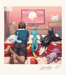 Rule 34 | 1boy, arm up, barefoot, bed, black shorts, blue shirt, border, bottle, brown hair, commentary request, controller, creatures (company), drawer, drizzile, facing away, feet, galarian form, galarian linoone, game freak, gen 1 pokemon, gen 8 pokemon, hatenna, highres, indoors, lamp, lying, ninetales, nintendo, on back, on bed, on stomach, open mouth, pointing, poke ball, poke ball (basic), pokemon, pokemon (creature), pokemon swsh, remote control, sharp teeth, shirt, short hair, short sleeves, shorts, soles, t-shirt, table, teeth, television, toes, tongue, tongue out, toxel, trash can, victor (pokemon), white border, zinnkousai3850