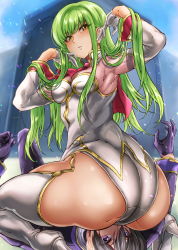 Rule 34 | 1boy, 1girl, ass, bare shoulders, black hair, blush, breasts, c.c., code geass, elbow gloves, from behind, gloves, green hair, highres, hikari (komitiookami), huge ass, lelouch vi britannia, leotard, long hair, looking back, looking down, open mouth, purple eyes, shiny clothes, shiny skin, short hair, sitting, sitting on face, sitting on person, thighhighs, very long hair, yellow eyes