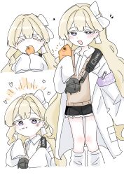 Rule 34 | 1girl, absurdres, armband, black skirt, blonde hair, blush, bobok, brown sweater vest, closed mouth, erimo kudryavka, food, food on face, highres, holding, holding food, indie virtual youtuber, lab coat, looking at viewer, loose socks, multiple views, open mouth, purple eyes, safety pin, simple background, skirt, sleeves past fingers, sleeves past wrists, smile, socks, sweater vest, taiyaki, wagashi, white background