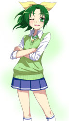 Rule 34 | 10s, 1girl, blush, bow, crossed arms, green eyes, green hair, green sweater vest, hair bow, hair ribbon, kumadano, matching hair/eyes, midorikawa nao, necktie, one eye closed, open mouth, precure, ribbon, school uniform, short hair, skirt, sleeves rolled up, smile, smile precure!, solo, sweater vest, white background, wink