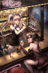 Rule 34 | 2girls, absurdres, alcohol, arm belt, ass, backless dress, backless outfit, bad id, bad pixiv id, bar (place), bar stool, bare back, bare shoulders, bartender, black dress, black hair, black skirt, black vest, blue ribbon, blunt bangs, bottle, bow, bowtie, bracelet, braid, bridal gauntlets, collared shirt, cup, dress, drink, drinking glass, dungeon and fighter, earrings, flower, french braid, frills, from above, hair between eyes, hair bow, hair ribbon, hairband, halter dress, halterneck, head wreath, heineken, highres, hoop earrings, indoors, jack daniel&#039;s, jewelry, kie (wylee2212), lolita hairband, long hair, long sleeves, looking at viewer, looking back, miniskirt, multiple girls, night, parted lips, pencil skirt, pepe the frog, pointy ears, ponytail, purple eyes, red bow, red eyes, ribbon, shirt, side slit, silver luster tagore, sitting, skirt, skirt set, standing, stool, twintails, vest, whiskey, white hair, white shirt, window, wine glass, wreath