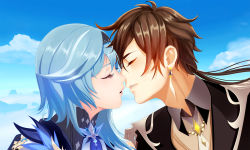 Rule 34 | 1boy, 1girl, black hairband, blue hair, brown hair, cloud, cloudy sky, commentary, couple, day, earrings, english commentary, eula (genshin impact), closed eyes, genshin impact, gradient hair, hair between eyes, hairband, happyboynumber1, hetero, highres, imminent kiss, jewelry, low ponytail, medium hair, multicolored hair, orange hair, single earring, sky, tassel, tassel earrings, upper body, zhongli (genshin impact)