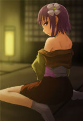 Rule 34 | 1girl, back, child, flower, hair flower, hair ornament, hieda no akyuu, japanese clothes, kimono, kurione (zassou), long sleeves, looking at viewer, looking back, no shoes, off shoulder, open mouth, profile, purple eyes, purple hair, short hair, sitting, socks, solo, touhou, white socks, wide sleeves