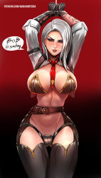 Rule 34 | 1girl, arm tattoo, arms up, artist name, ashe (overwatch), badcompzero, belt, black gloves, black panties, blush, bound, bound wrists, breasts, chaps, english text, gloves, gradient background, highres, large breasts, lipstick, long sleeves, looking at viewer, loose belt, makeup, mole, navel, necktie, nose blush, overwatch, overwatch 1, panties, parted lips, red eyes, red lips, red necktie, revealing clothes, short hair, shrug (clothing), silver hair, sleeves rolled up, solo, speech bubble, tattoo, thighhighs, underwear