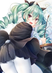 Rule 34 | 10s, 1girl, akashio (loli ace), anchovy (girls und panzer), anzio military uniform, black skirt, blush, cape, desk, dress shirt, drill hair, girls und panzer, green hair, highres, long hair, long sleeves, looking at viewer, looking back, miniskirt, pantyhose, pleated skirt, red eyes, riding crop, school desk, shirt, skirt, smile, solo, twin drills, twintails, upskirt, white pantyhose, white shirt