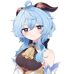 Rule 34 | 1girl, ahoge, armpits, bad id, bad pixiv id, bell, black bodysuit, blue hair, bodysuit, commentary request, detached sleeves, ganyu (genshin impact), genshin impact, grey eyes, hair between eyes, head tilt, highres, horns, long hair, looking at viewer, neck bell, shishamo (syamo shi), sidelocks, simple background, smile, solo, white background, wide sleeves