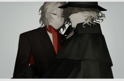 Rule 34 | 2boys, antonio salieri (fate), antonio salieri (second ascension) (fate), ascot, black cloak, black headwear, black jacket, border, cloak, closed mouth, cross-shaped pupils, edmond dantes (fate), expressionless, fate/grand order, fate (series), grey background, grey hair, hair between eyes, half updo, hat, highres, jacket, letterboxed, looking at viewer, male focus, multiple boys, parted lips, pinstripe jacket, pinstripe pattern, profile, red ascot, red eyes, shirt, short hair, sideways glance, simple background, striped, suit jacket, sumi (gfgf 045), symbol-shaped pupils, upper body, wavy hair, white border, white shirt, yellow eyes