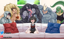 Rule 34 | 1girl, 5boys, age difference, armchair, artist name, black hair, black necktie, black sweater, breasts, chair, expressionless, facial hair, fangs, full body, highres, karuro-kun, kraven the hunter, lizard (marvel), long tongue, looking at another, looking at viewer, marvel, medium breasts, meme, morbius, morbius (film), multiple boys, muscular, mustache, necktie, orange eyes, parody, pectorals, peni parker, piper perri surrounded (meme), purple eyes, rhino (marvel), school uniform, serious, sexually suggestive, sharp teeth, shirt, short hair, single horizontal stripe, sitting, size difference, sleeveless, sleeveless sweater, smile, spider-man: across the spider-verse, spider-man (series), spider-verse, standing, sweater, teeth, tongue, ugly man, venom (marvel), vest, white shirt, window, you gonna get raped