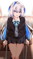 Rule 34 | 1girl, absurdres, amane kanata, angel, angel wings, black jacket, blue hair, desk, hair ornament, highres, hololive, jacket, kamesys, legs, long hair, looking at viewer, multicolored hair, open mouth, purple eyes, ribbon, school desk, school uniform, second-party source, smile, solo, streaked hair, thighs, two-tone hair, virtual youtuber, white hair, wings