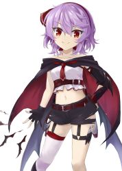 Rule 34 | 1girl, akisome hatsuka, alternate costume, bat (animal), bat wings, black gloves, black skirt, cloak, closed mouth, fingerless gloves, gloves, hairband, hand on own hip, knife, leg wrap, looking at viewer, navel, purple hair, red eyes, red hairband, remilia scarlet, short hair, simple background, single thighhigh, skirt, smile, solo, thighhighs, touhou, white background, white thighhighs, wings