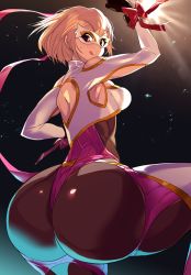 Rule 34 | 1girl, arm up, armpit cutout, artist request, ass, ass cutout, black pantyhose, blonde hair, blush, bodysuit, bow, breasts, clothing cutout, covered erect nipples, dark, djeeta (granblue fantasy), domino mask, granblue fantasy, highres, huge ass, looking at viewer, looking back, luchador (granblue fantasy), mask, medium breasts, pantyhose, short hair, smile, solo, sweatdrop, tongue, tongue out, wrestling mask, wrestling outfit, yellow bow