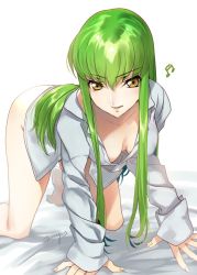 Rule 34 | 1girl, all fours, ass, breasts, c.c., code geass, creayus, downblouse, female focus, green hair, long hair, looking at viewer, naked shirt, no bra, no panties, open mouth, shirt, smile, solo, yellow eyes