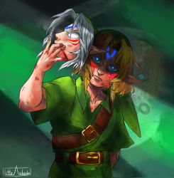 Rule 34 | 1boy, belt, blonde hair, blood, blood on hands, blue eyes, bright pupils, bruise, collarbone, corruption, dark persona, facial mark, fierce deity, green headwear, green tunic, head tilt, highres, injury, link, littleaubade, looking at viewer, mask, messy hair, nintendo, pointy ears, possessed, possession, slit pupils, the legend of zelda, the legend of zelda: majora&#039;s mask, white hair, white pupils