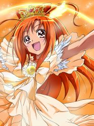 Rule 34 | 10s, 1girl, :d, blush, bow, bow-shaped hair, brooch, choker, cure sunny, cure sunny (princess form), dress, happy, head wings, hino akane (smile precure!), jewelry, long hair, magical girl, open mouth, orange background, orange dress, orange eyes, orange hair, orange theme, precure, ribbon, shogo (4274732), smile, smile precure!, solo, tiara, wings