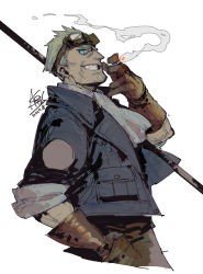 Rule 34 | 1boy, akagishi k, blonde hair, blue eyes, blue jacket, brown gloves, cid highwind, cigarette, copyright request, dated, final fantasy, final fantasy vii, gloves, goggles, goggles on head, hand in pocket, holding, holding cigarette, jacket, male focus, manly, open clothes, open jacket, parted lips, signature, simple background, sleeves rolled up, smile, smoke, smoking, solo, teeth, weapon, white background