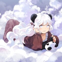 Rule 34 | 1girl, ahoge, animal ears, black bow, bow, character request, cloud, commentary request, copyright request, dress, hair ornament, hair scrunchie, hand in own hair, highres, kaigen 1025, long hair, long sleeves, lying, mole, mole under eye, no shoes, on stomach, panda ears, panda girl, petticoat, red dress, red scrunchie, scrunchie, smile, socks, stuffed animal, stuffed panda, stuffed toy, wavy hair, white eyes, white hair, white socks
