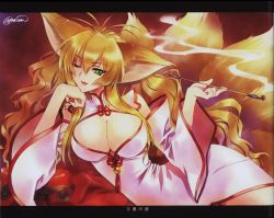 Rule 34 | 00s, 1girl, absurdres, animal ears, artist name, breasts, brown hair, carnelian, character name, cleavage, cleavage cutout, clothing cutout, detached sleeves, fox ears, fox tail, green eyes, hair between eyes, head rest, highres, holding, holding smoking pipe, kiseru, kitsune, large breasts, letterboxed, light smile, lipstick, long hair, makeup, multiple tails, nail polish, official art, one eye closed, red lips, red nails, scan, scan artifacts, signature, smoke, smoking pipe, solo, tail, tamamo no mae, very long hair, wavy hair, wide sleeves, yami to boushi to hon no tabibito