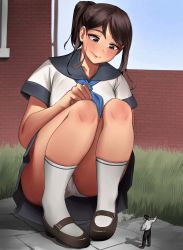 1boy 1girl brown_hair giant giantess highres kkasi00 panties ponytail school_uniform shoes skirt socks squatting thighs underwear