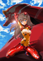 Rule 34 | 00s, 1girl, armpits, blue eyes, blue sky, bodysuit, brown hair, eva 02, evangelion: 2.0 you can (not) advance, lens flare, lips, long hair, multicolored clothes, neon genesis evangelion, plugsuit, rebuild of evangelion, red bodysuit, see-through, see-through bodysuit, shiny clothes, sky, souryuu asuka langley, taguchi shigeo, test plugsuit, very long hair, wide hips
