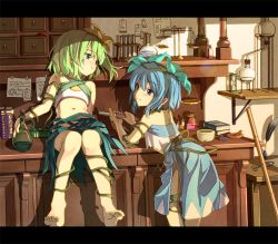 Rule 34 | 2girls, adapted costume, alternate costume, alternate headwear, barefoot, belly, blue eyes, blue hair, blush, border, cirno, crop top, crop top overhang, dagger, daiyousei, eye contact, flower, green eyes, green hair, gyokuto b, hair flower, hair ornament, knife, letterboxed, look-alike, looking at another, midriff, monster girl, multiple girls, navel, no wings, paper, plant girl, short hair, side ponytail, sitting, skirt, skirt set, sleeveless, smile, sword world 2.0, touhou, weapon