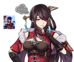 Rule 34 | 1girl, beidou (genshin impact), black gloves, breasts, brown hair, colored eyepatch, elbow gloves, eyepatch, fingerless gloves, genshin impact, gloves, hair ornament, hair stick, hairpin, highres, long hair, off shoulder, one eye covered, red eyes, solo, tassel, tassel hair ornament, upper body, white background, yuutarou (hotter 0105 tarou)