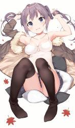 Rule 34 | 1girl, absurdres, arms up, autumn leaves, blue eyes, blue skirt, blush, breasts, breasts apart, brown hair, brown jacket, brown thighhighs, camisole, collarbone, commentary request, full body, fur-trimmed jacket, fur trim, head tilt, highres, holding, holding hair, jacket, kura ekaki, long hair, looking at viewer, lying, medium breasts, no shoes, on back, open clothes, open jacket, original, panties, parted lips, pigeon-toed, pleated skirt, sidelocks, skirt, solo, thighhighs, twintails, underwear, v-shaped eyebrows, white background, white camisole, white panties