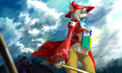 Rule 34 | 00s, 1girl, blue eyes, breasts, burmecian, cloud, cloudy sky, coat, day, final fantasy, final fantasy ix, freija crescent, furry, furry female, hair over one eye, hat, head wings, highres, open clothes, open coat, otsure no hou, pants, polearm, red coat, shoulder pads, silver hair, sky, snout, solo, spear, standing, tabard, underboob, weapon, wide hips, wings