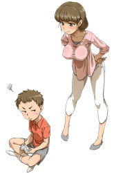 Rule 34 | 1boy, 1girl, :t, breasts, brown eyes, brown hair, capri pants, child, frown, ha ku ronofu jin, hands on own hips, highres, large breasts, leaning forward, mature female, mother and son, no shoes, o3o, pants, pigeon-toed, shorts, simple background, sitting, socks, standing, white background, white pants