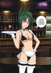 Rule 34 | 1girl, absurdres, apron, bar (place), bare shoulders, bikini, breasts, green hair, highres, hypnosis, jimryu, large breasts, maid, maid apron, maid bikini, mind control, shaman king, smile, swimsuit, tagme, talisman, tao jun, thighhighs, unconventional maid, unusual pupils, waitress
