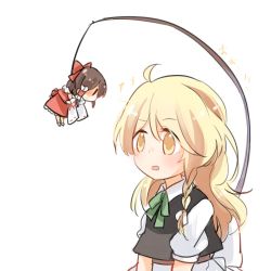 Rule 34 | 2girls, ahoge, bow, braid, carrot on stick, confused, hair bow, hakurei reimu, japanese clothes, kirisame marisa, kosencha, looking at another, miko, mini person, minigirl, multiple girls, simple background, stick, string, touhou