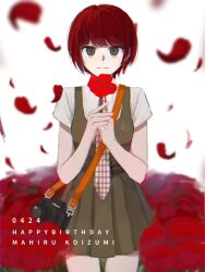 Rule 34 | 1girl, 2h4o, belt, blunt bangs, blurry, blurry background, bouquet, breasts, brown eyes, camera, character name, closed mouth, commentary, copyright name, cowboy shot, danganronpa (series), danganronpa 2: goodbye despair, dated, depth of field, dress, dress shirt, english text, falling petals, field, flower, flower field, freckles, green belt, green dress, hair strand, hands on own cheeks, hands on own face, happy birthday, highres, holding, holding flower, koizumi mahiru, light smile, looking at viewer, necktie, own hands together, petals, pinafore dress, plaid necktie, pleated dress, poppy (flower), red flower, red hair, ringed eyes, school uniform, shirt, short dress, short hair, short sleeves, simple background, sleeveless, sleeveless dress, small breasts, solo, standing, strap, thigh gap, translated, upturned eyes, very short hair, w arms, white background, white shirt