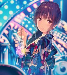 Rule 34 | 1girl, bad id, bad twitter id, bag, bagged fish, blurry, blurry background, brown hair, commentary request, earrings, festival, fish, floral print, freckles, from side, furihata ai, japanese clothes, jewelry, kimono, long hair, looking at viewer, obi, parted lips, real life, red eyes, sash, siva (executor), solo, upper body, wide sleeves, yukata