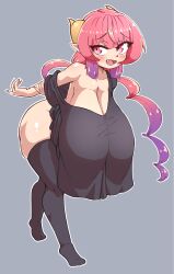 Rule 34 | 1girl, :d, arms behind back, black shirt, black thighhighs, blush, bottomless, breasts, cleavage, collarbone, commentary, curvy, dragon girl, dragon horns, english commentary, fang, full body, gradient hair, grey background, hand on own arm, hanging breasts, highres, horns, huge breasts, ilulu (maidragon), kobayashi-san chi no maidragon, leaning forward, long hair, looking to the side, loose clothes, loose shirt, masked agent, multicolored hair, no shoes, open mouth, oversized clothes, pink eyes, pink hair, pointy ears, purple hair, shirt, shortstack, simple background, skindentation, slit pupils, smile, solo, standing, thick thighs, thighhighs, thighs, twintails, yellow horns