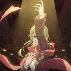 Rule 34 | 1girl, black coat, building, coat, green hair, gumi, hand on own chest, hand up, highres, lamppost, looking up, night, parted lips, red scarf, ribbed sleeves, scarf, shirt, short hair with long locks, sidelocks, solo, spotlight, upper body, vocaloid, white shirt, wounds404