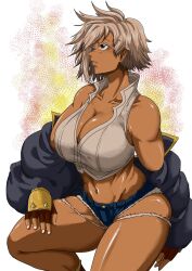 Rule 34 | 1girl, bare shoulders, blazblue, breasts, bullet (blazblue), cleavage, crop top, dark-skinned female, dark skin, fingerless gloves, from side, gloves, highres, jacket, jacket partially removed, large breasts, long sleeves, micro shorts, saki chan san, scar, scar on face, short hair, shorts, sleeveless, white hair