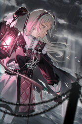 Rule 34 | 1girl, arknights, black cape, black gloves, black jacket, blurry, blurry foreground, cape, capelet, closed mouth, cloud, cloudy sky, commentary request, depth of field, earrings, floating hair, gloves, grey eyes, grey hair, gun, handgun, head wings, highres, holding, holding gun, holding lantern, holding weapon, irene (arknights), jacket, jewelry, lantern, light rays, long hair, long sleeves, looking to the side, outdoors, pink skirt, puffy long sleeves, puffy sleeves, rain, skirt, sky, solo, sye, very long hair, weapon, white capelet, white skirt, wings